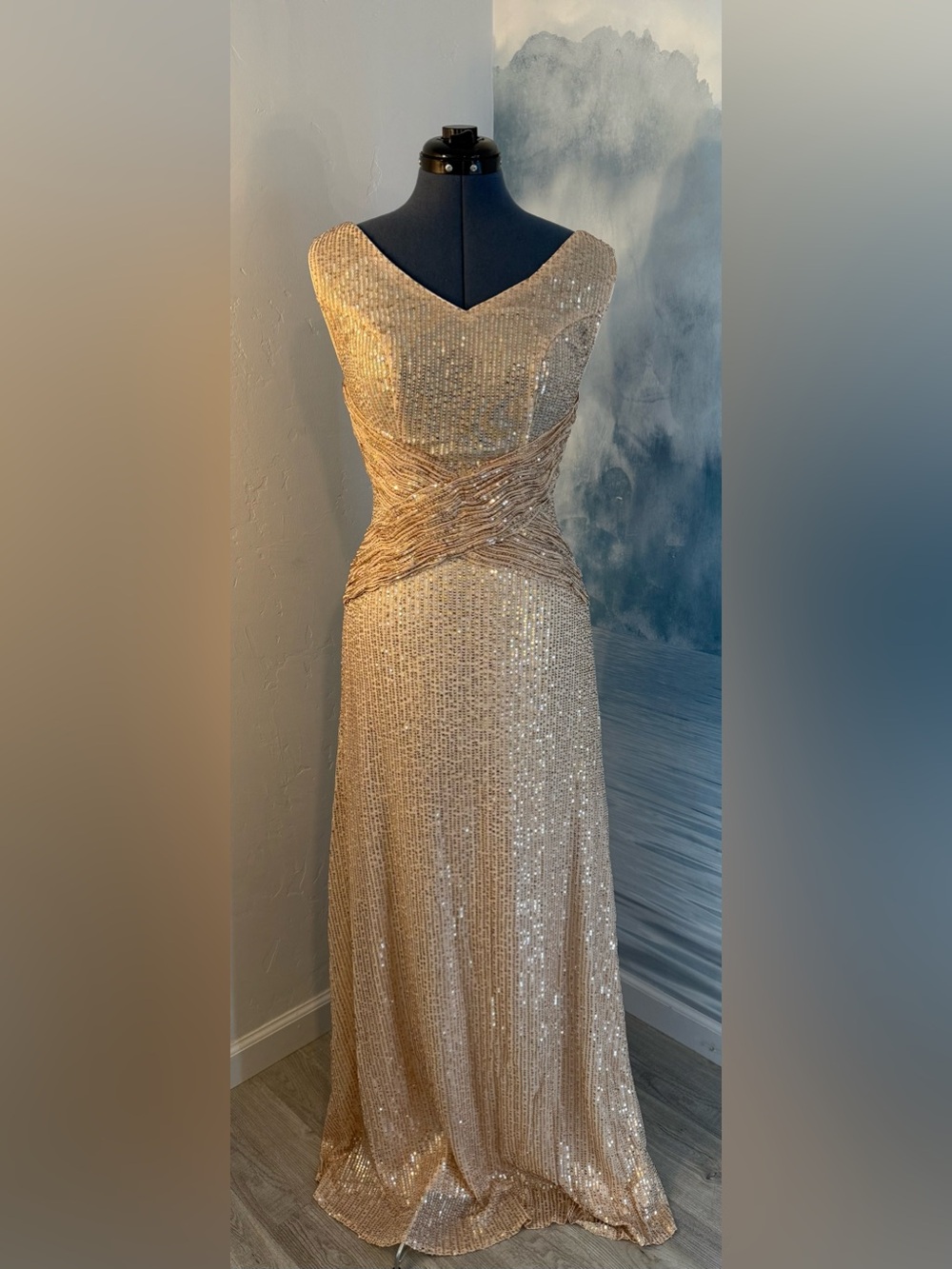 Gold Sequin Evening Gown with Draped Waist